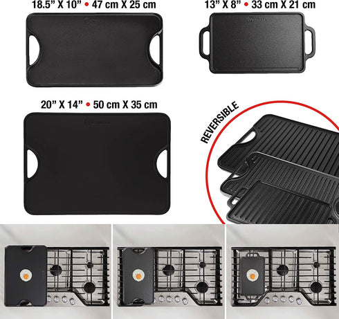 Victoria Rectangular Cast Iron Double Burner, Reversible Griddle Grill Seasoned with 100% Kosher Certified Non-GMO Flaxseed Oil, 13 x 8,3 Inch, Black